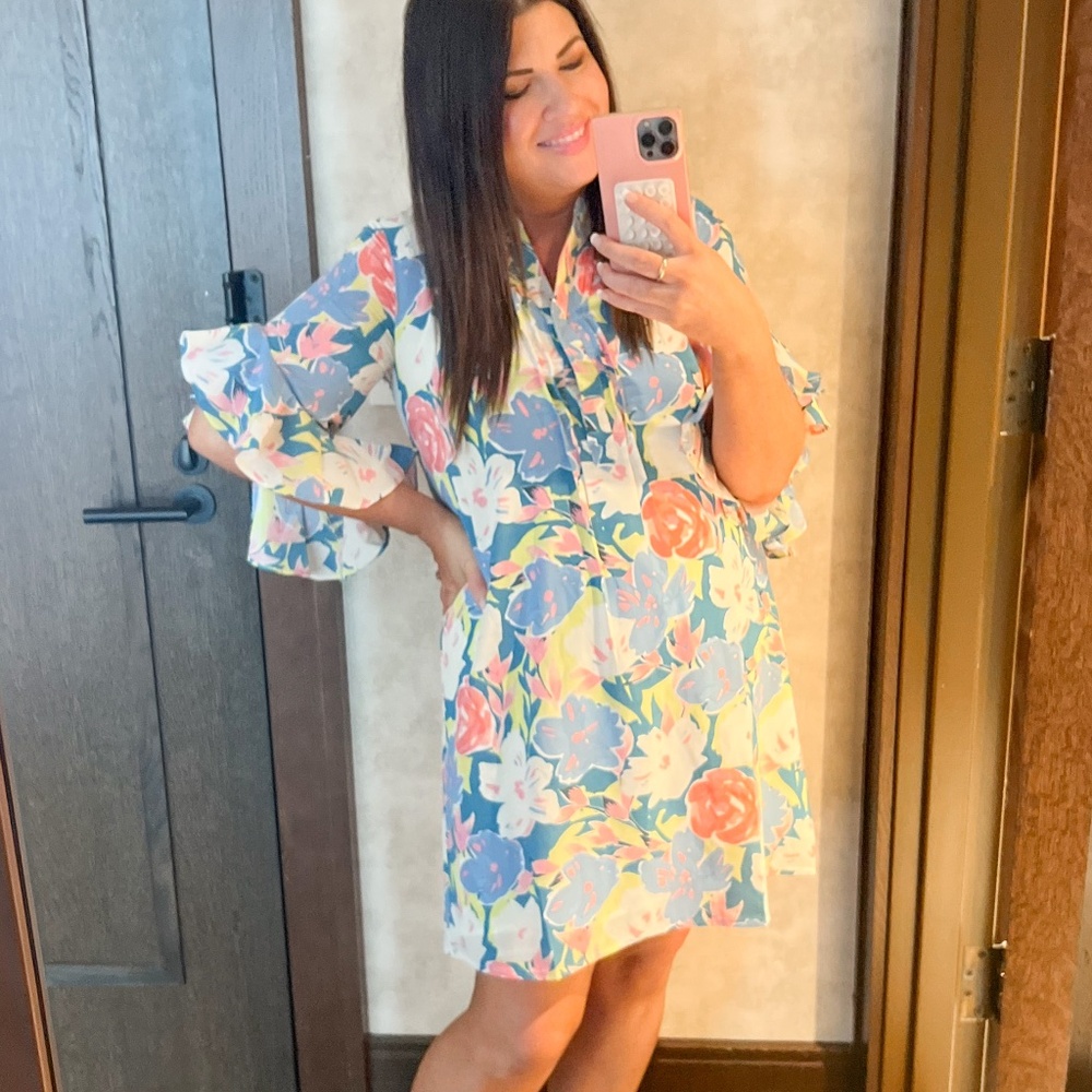 Blue Ruffle Sleeve Floral Dress